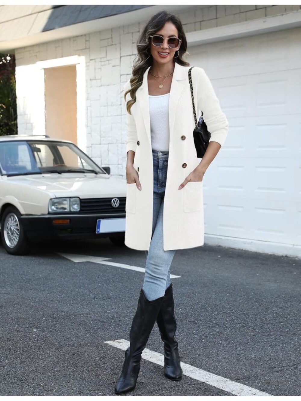 Women's White Long Knit Cardigan Open Front Coatigan Lapel Button Pocket Sweater - Picture 5 of 5